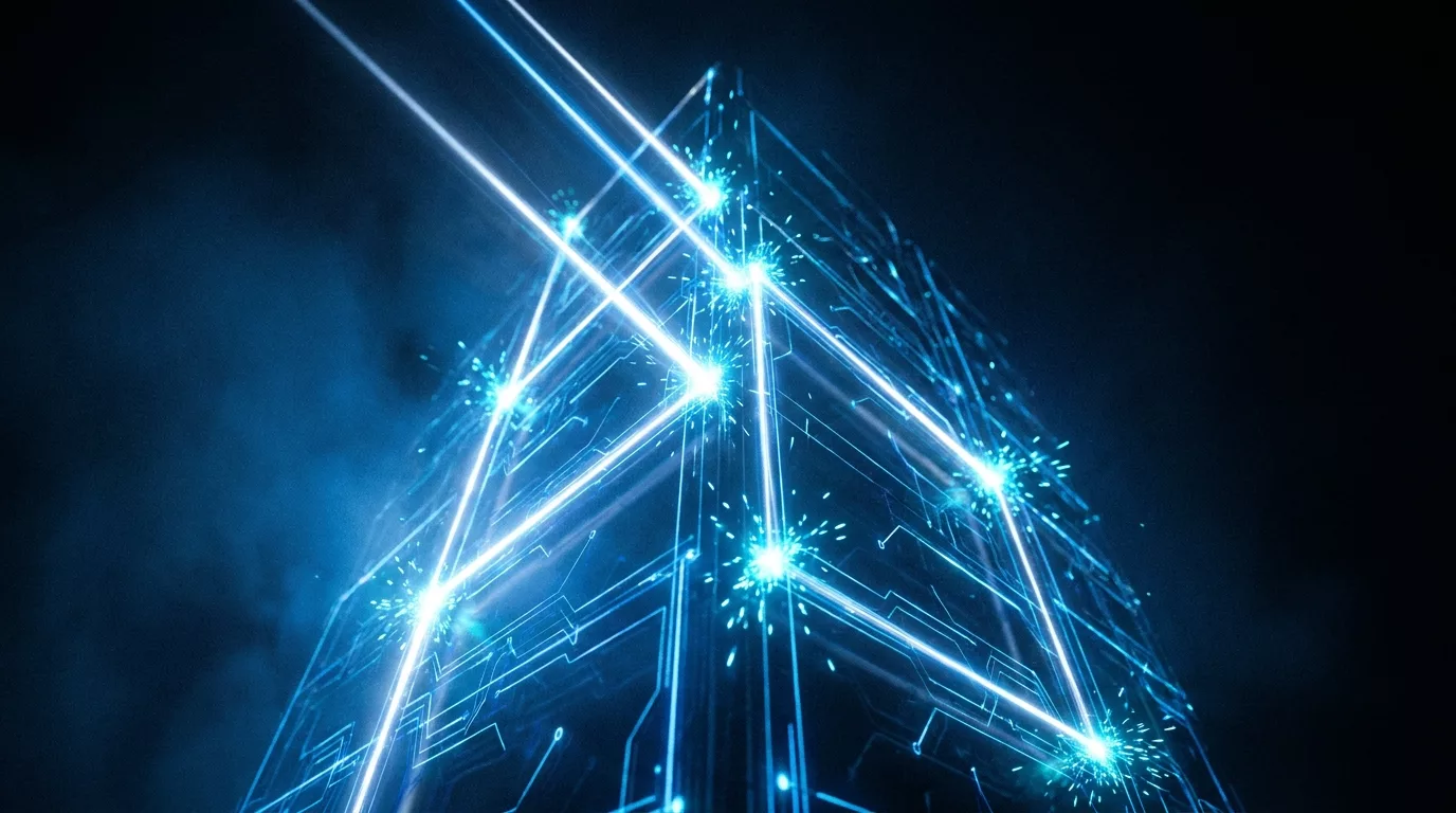 Abstract visualization of the Build phase: light circuits assembling a structure