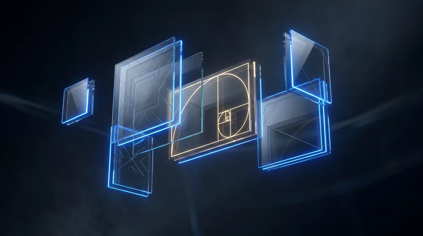 Abstract visualization of the Design phase: glass interface panels in dark space